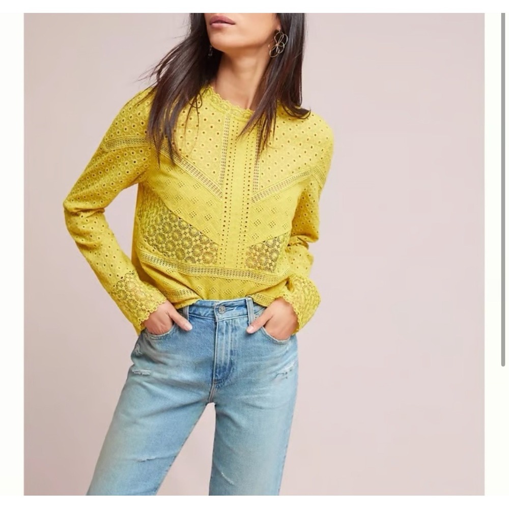 James Coviello Yellow Eyelet‎ Lace Long Sleeve Blouse XS Romantic Designer Top